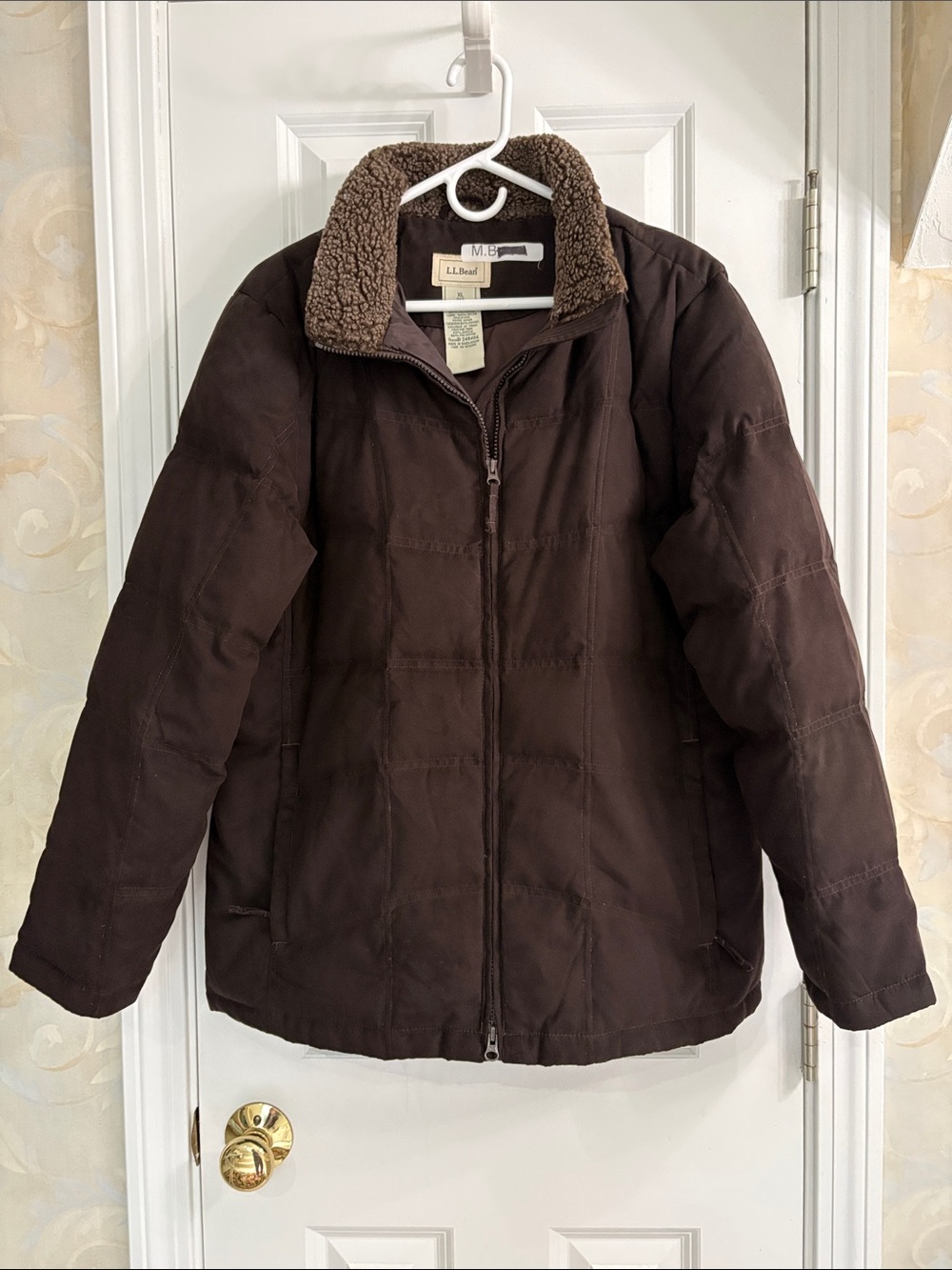 L.L. Bean Dark Brown Quilted Goose Feather Long Puffer with Sherpa Collar